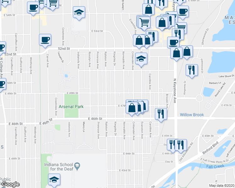 map of restaurants, bars, coffee shops, grocery stores, and more near 1801 East 49th Street in Indianapolis