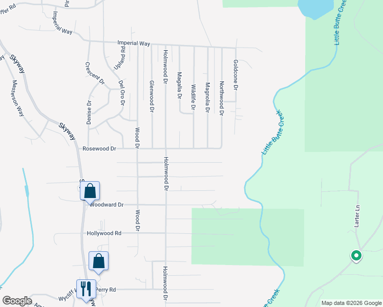 map of restaurants, bars, coffee shops, grocery stores, and more near 6594 Rosewood Drive in Magalia