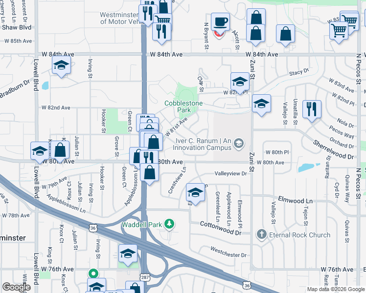 map of restaurants, bars, coffee shops, grocery stores, and more near 8053 Clay Drive in Westminster