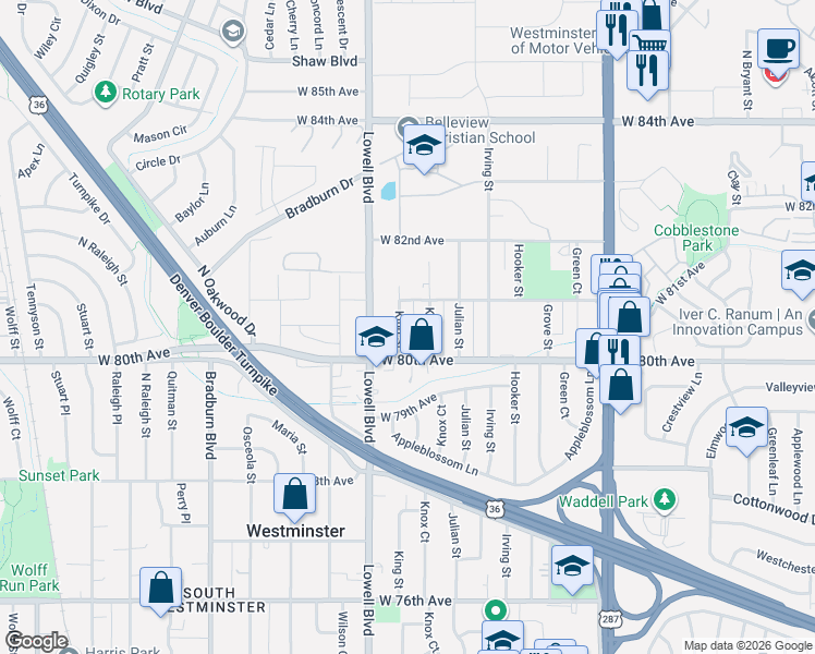 map of restaurants, bars, coffee shops, grocery stores, and more near 8060 King Street in Westminster