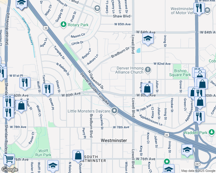 map of restaurants, bars, coffee shops, grocery stores, and more near 3761 West 81st Place in Westminster