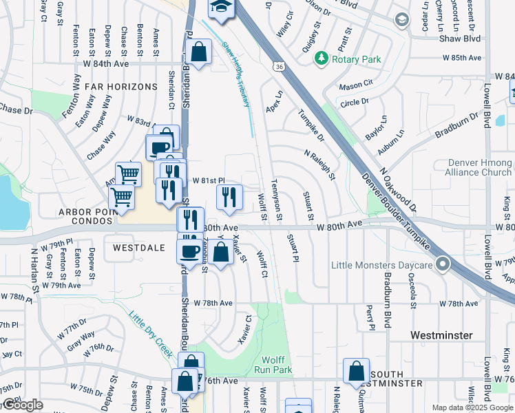 map of restaurants, bars, coffee shops, grocery stores, and more near 8061 Tennyson Street in Westminster