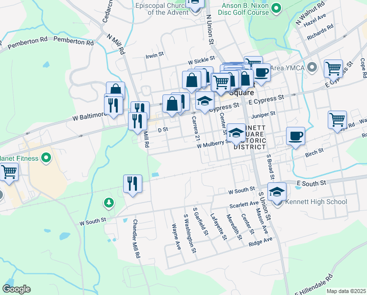map of restaurants, bars, coffee shops, grocery stores, and more near 505 West Mulberry Street in Kennett Square