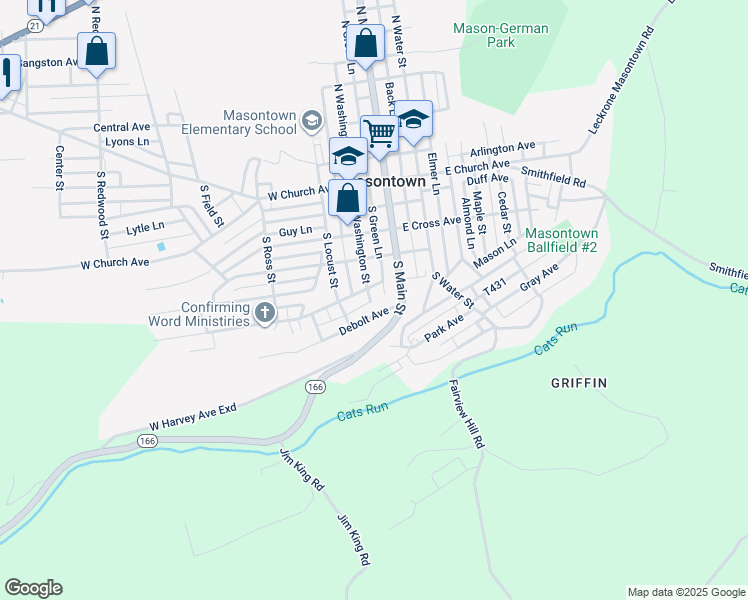map of restaurants, bars, coffee shops, grocery stores, and more near 403 South Washington Street in Masontown