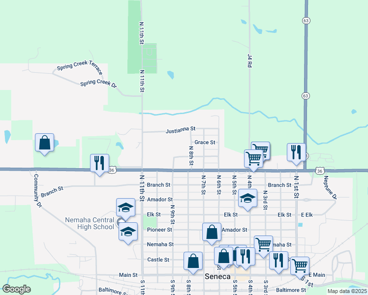 map of restaurants, bars, coffee shops, grocery stores, and more near 808 North 8th Street in Seneca
