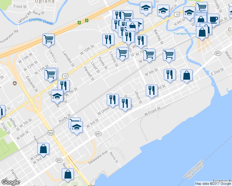 map of restaurants, bars, coffee shops, grocery stores, and more near 927 West 5th Street in Chester