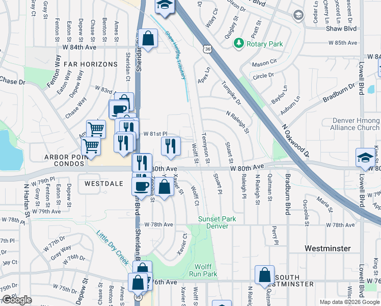map of restaurants, bars, coffee shops, grocery stores, and more near 8075 Wolff Street in Westminster