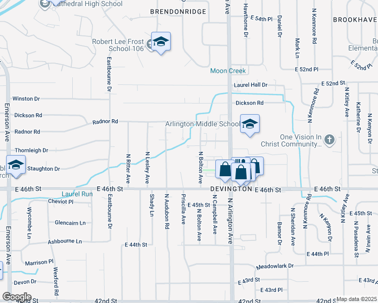 map of restaurants, bars, coffee shops, grocery stores, and more near 5840 Devington Circle in Indianapolis