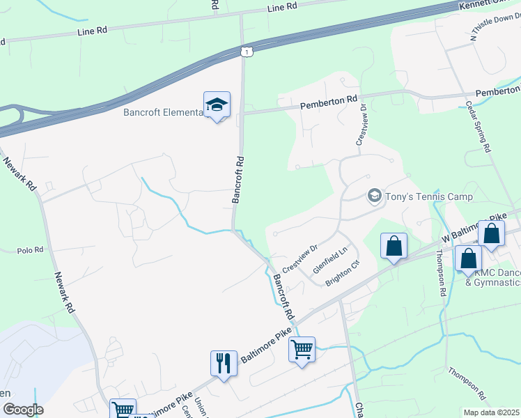 map of restaurants, bars, coffee shops, grocery stores, and more near 156 Bancroft Road in Kennett Square