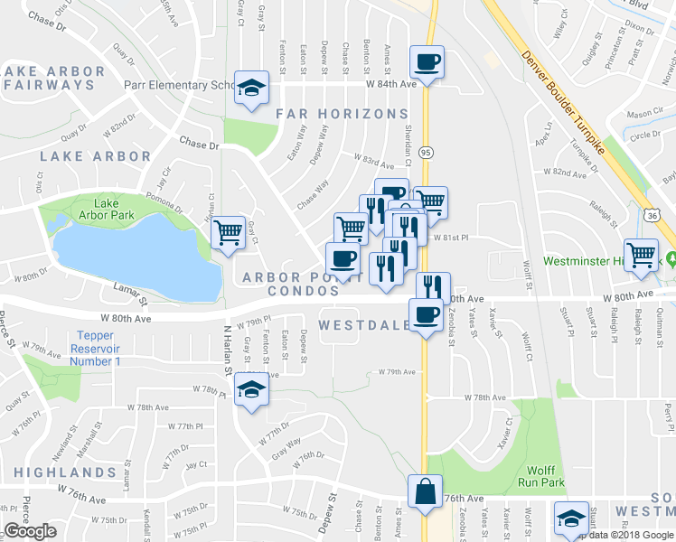 map of restaurants, bars, coffee shops, grocery stores, and more near 8050 Chase Drive in Arvada