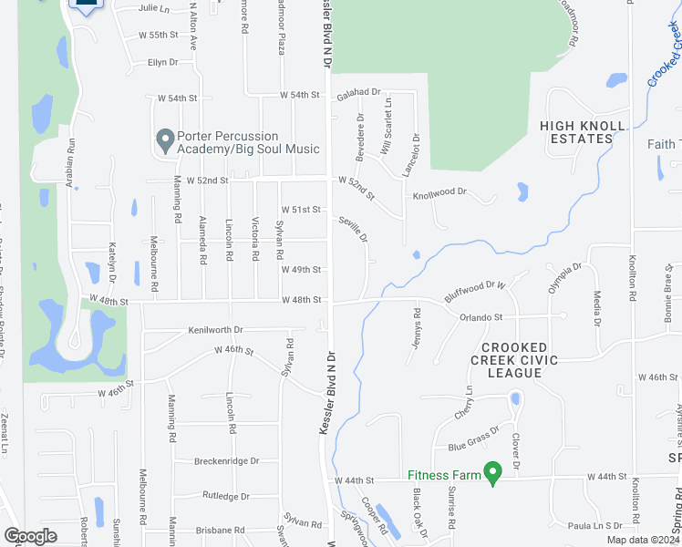 map of restaurants, bars, coffee shops, grocery stores, and more near 4855 West Kessler Boulevard North Drive in Indianapolis