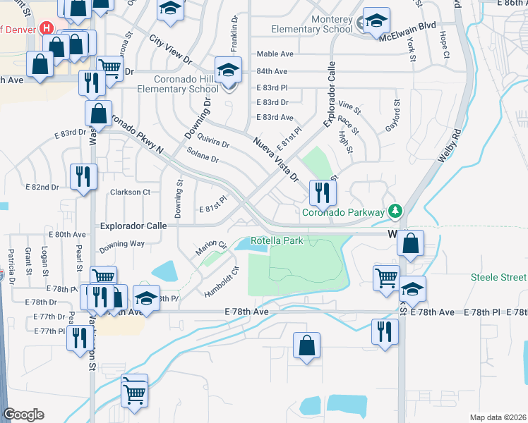map of restaurants, bars, coffee shops, grocery stores, and more near 1769 Coronado Parkway North in Thornton
