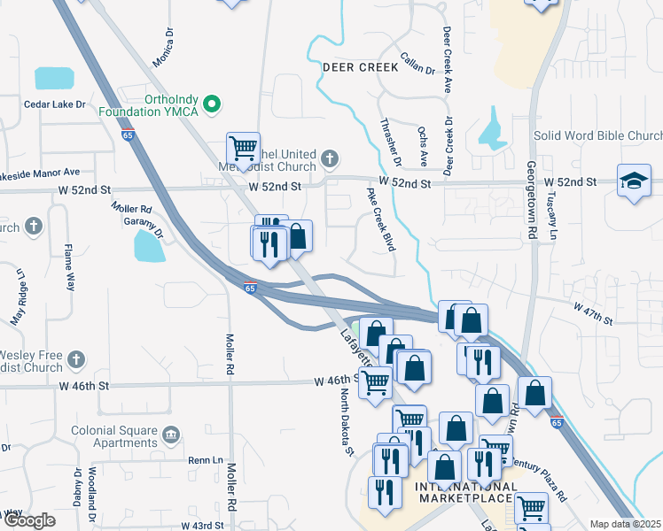 map of restaurants, bars, coffee shops, grocery stores, and more near 5249 Pike Creek Lane in Indianapolis