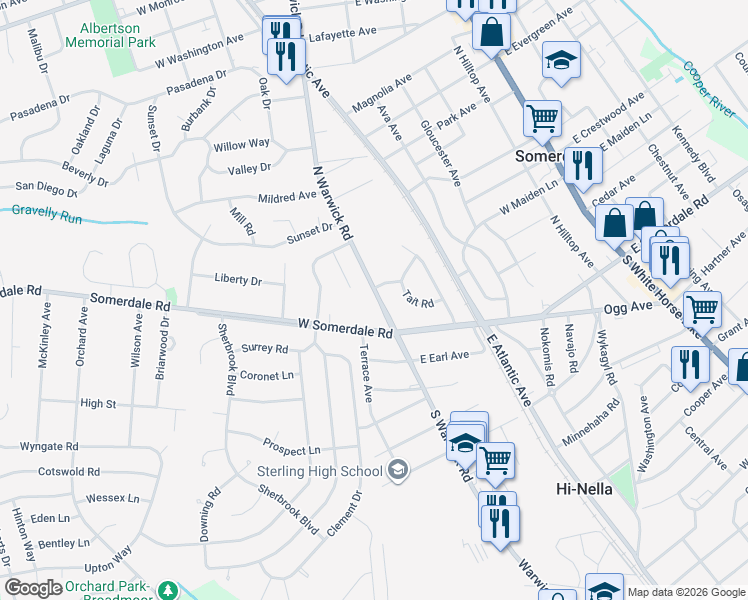 map of restaurants, bars, coffee shops, grocery stores, and more near 11 North Warwick Road in Somerdale