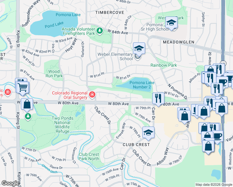 map of restaurants, bars, coffee shops, grocery stores, and more near 8935 West 80th Drive in Arvada