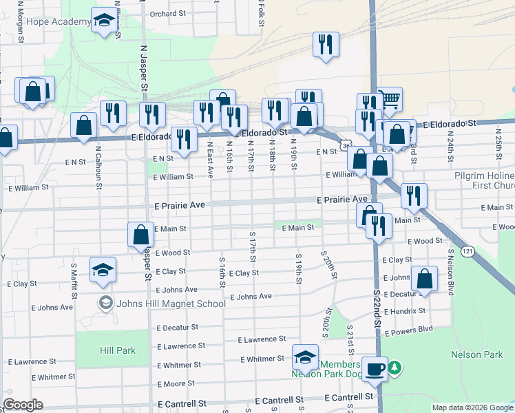 map of restaurants, bars, coffee shops, grocery stores, and more near 1713 East Prairie Avenue in Decatur