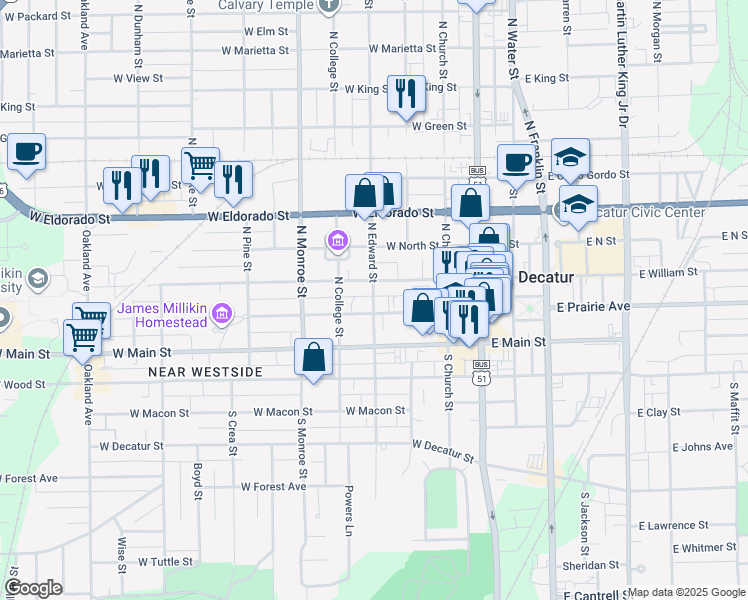 map of restaurants, bars, coffee shops, grocery stores, and more near 240 North Edward Street in Decatur