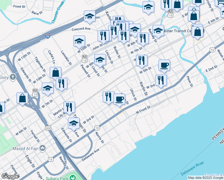 map of restaurants, bars, coffee shops, grocery stores, and more near 923 West 5th Street in Chester