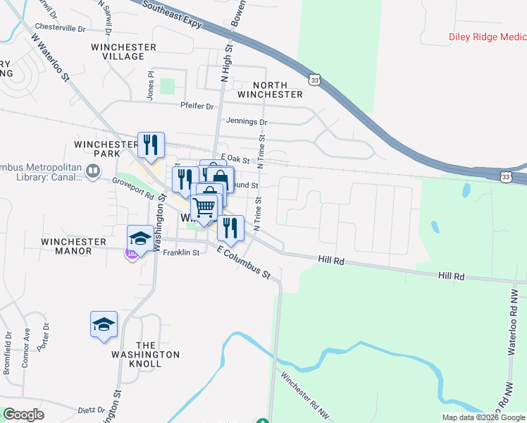 map of restaurants, bars, coffee shops, grocery stores, and more near 44 North Trine Street in Canal Winchester