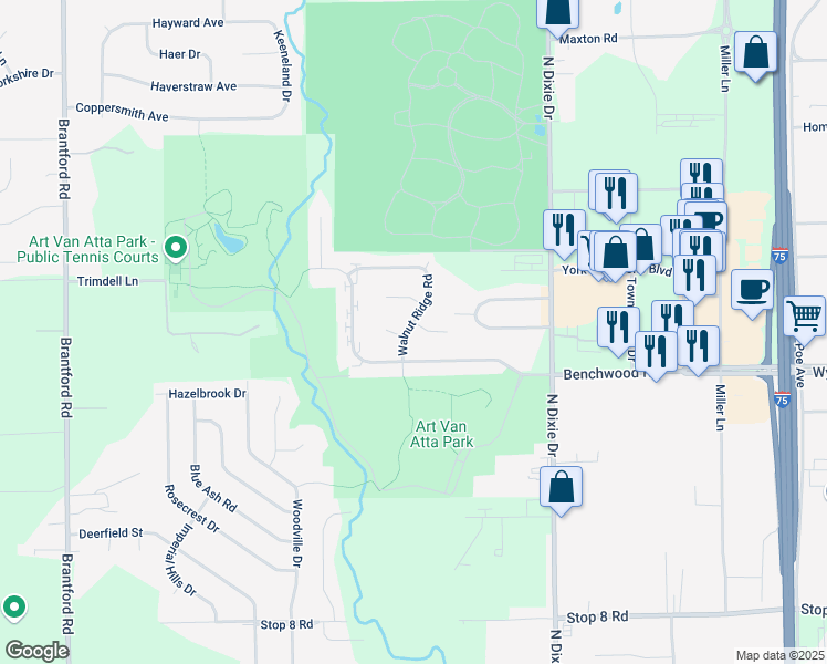 map of restaurants, bars, coffee shops, grocery stores, and more near 6514 Walnut Ridge Road in Dayton