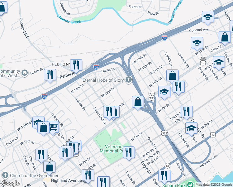 map of restaurants, bars, coffee shops, grocery stores, and more near 1023 Yarnall Street in Chester