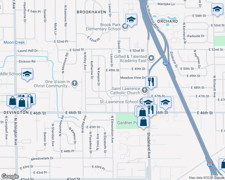 map of restaurants, bars, coffee shops, grocery stores, and more near 4802 David Street in Lawrence