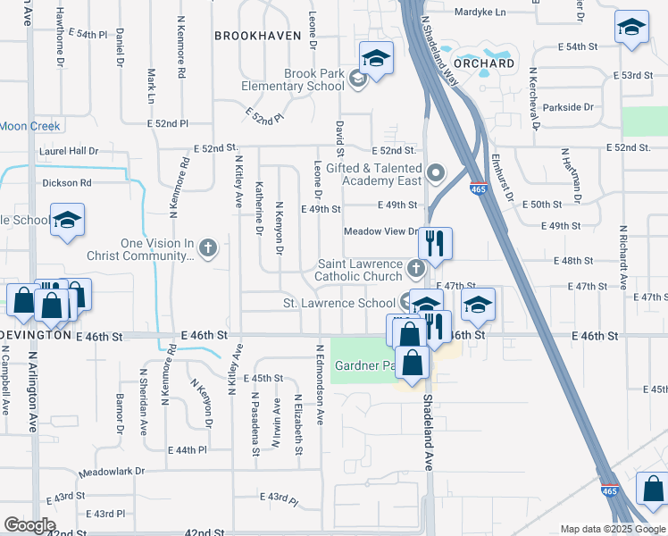 map of restaurants, bars, coffee shops, grocery stores, and more near 4802 David Street in Lawrence