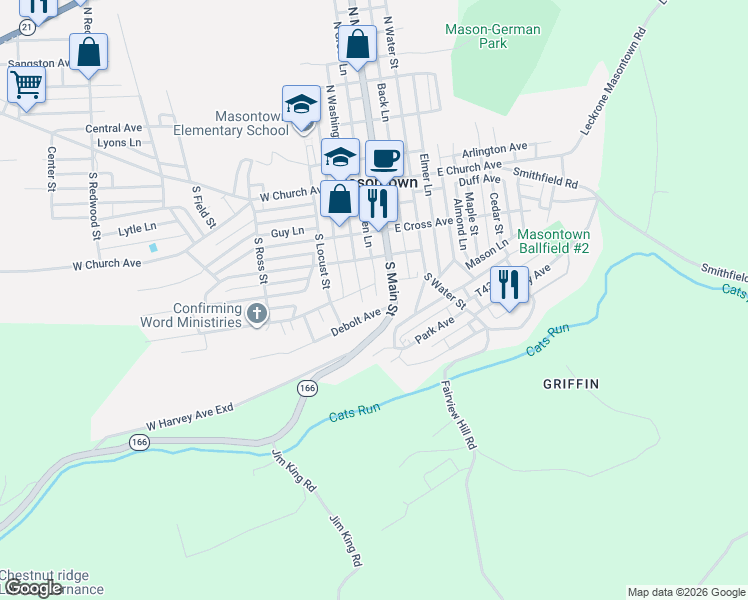 map of restaurants, bars, coffee shops, grocery stores, and more near 403 South Washington Street in Masontown