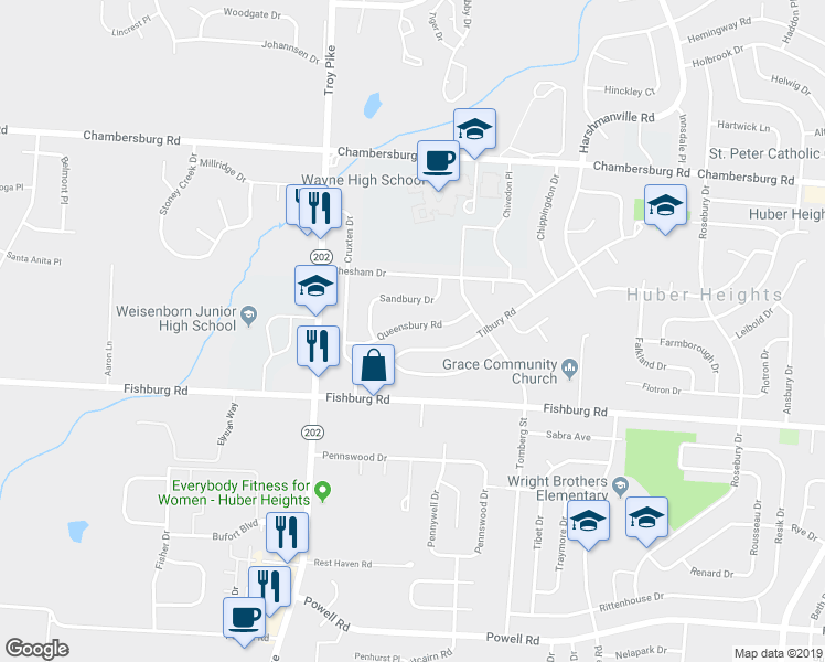 map of restaurants, bars, coffee shops, grocery stores, and more near 4938 Queensbury Road in Dayton