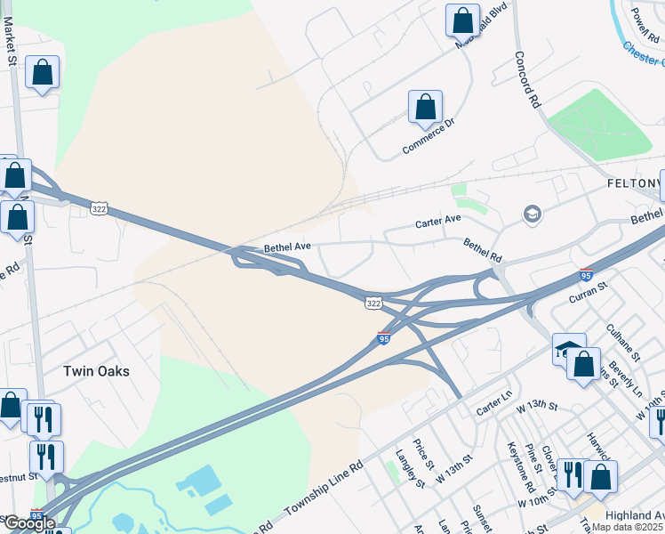 map of restaurants, bars, coffee shops, grocery stores, and more near 2815 Excelsior Drive in Aston