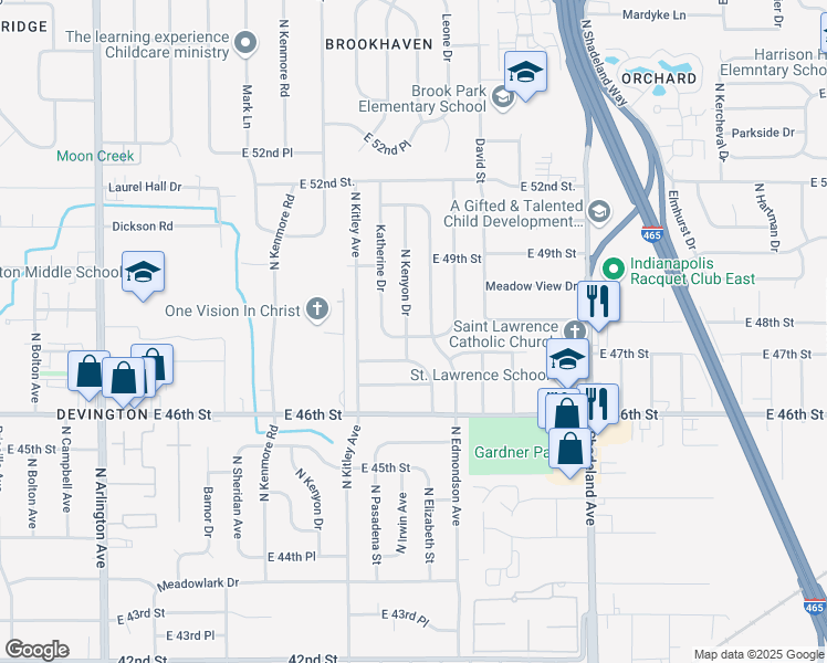 map of restaurants, bars, coffee shops, grocery stores, and more near 4803 North Kenyon Drive in Indianapolis