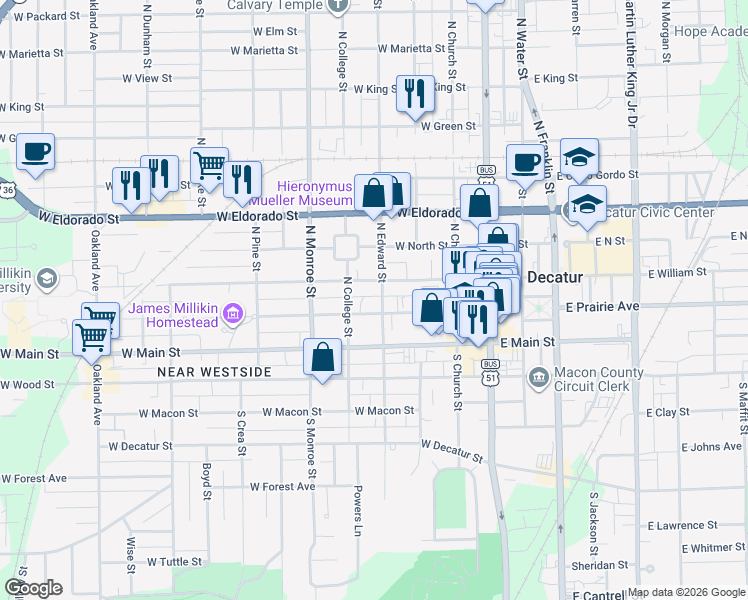 map of restaurants, bars, coffee shops, grocery stores, and more near 240 North Edward Street in Decatur