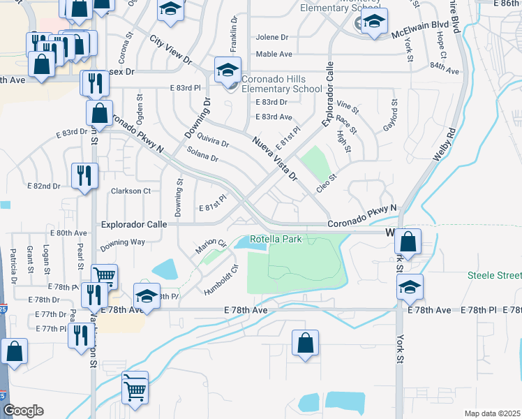 map of restaurants, bars, coffee shops, grocery stores, and more near 1769 Coronado Parkway North in Thornton