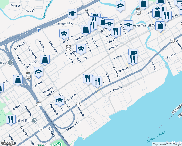 map of restaurants, bars, coffee shops, grocery stores, and more near 923 West 5th Street in Chester