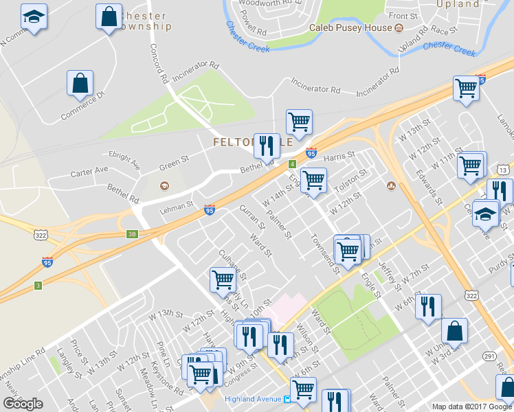 map of restaurants, bars, coffee shops, grocery stores, and more near 1400 Palmer Street in Chester