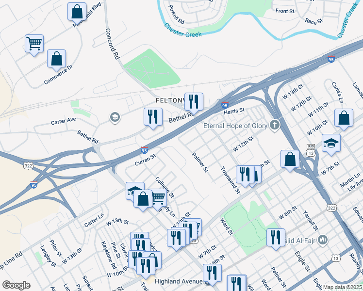 map of restaurants, bars, coffee shops, grocery stores, and more near 1400 Palmer Street in Chester