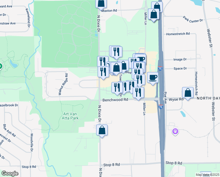 map of restaurants, bars, coffee shops, grocery stores, and more near 3523 Spanish Villa Drive in Dayton