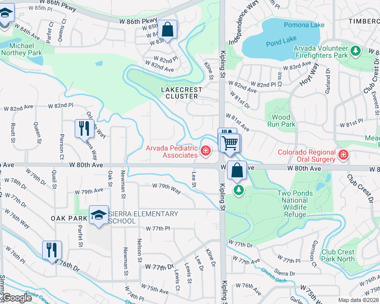 map of restaurants, bars, coffee shops, grocery stores, and more near 10253 West 80th Drive in Arvada