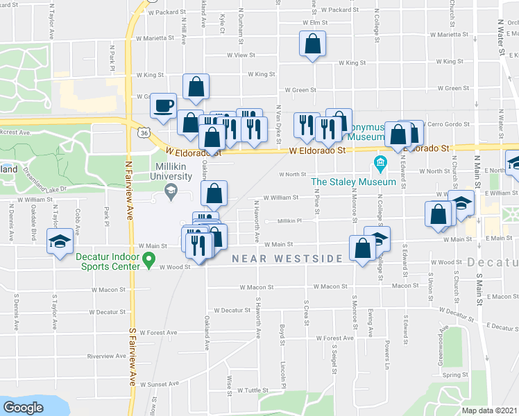 map of restaurants, bars, coffee shops, grocery stores, and more near 238 North Haworth Avenue in Decatur
