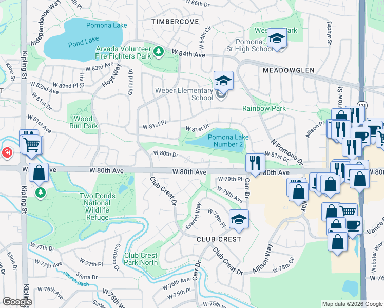 map of restaurants, bars, coffee shops, grocery stores, and more near 8935 West 80th Drive in Arvada