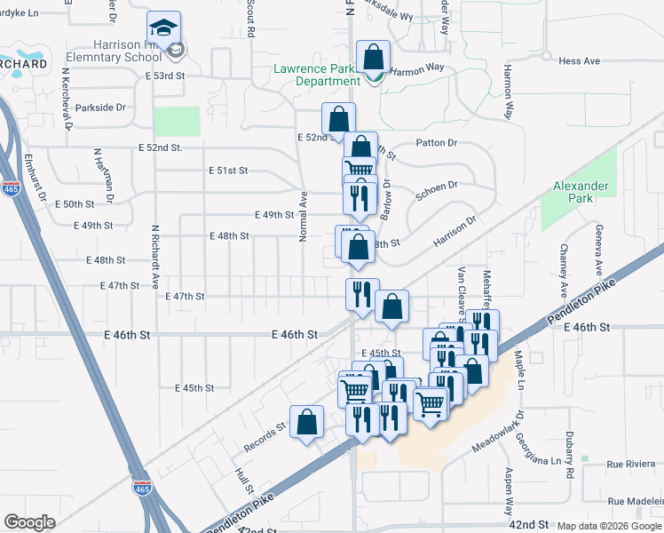 map of restaurants, bars, coffee shops, grocery stores, and more near 7955 Kingsmead Drive in Lawrence