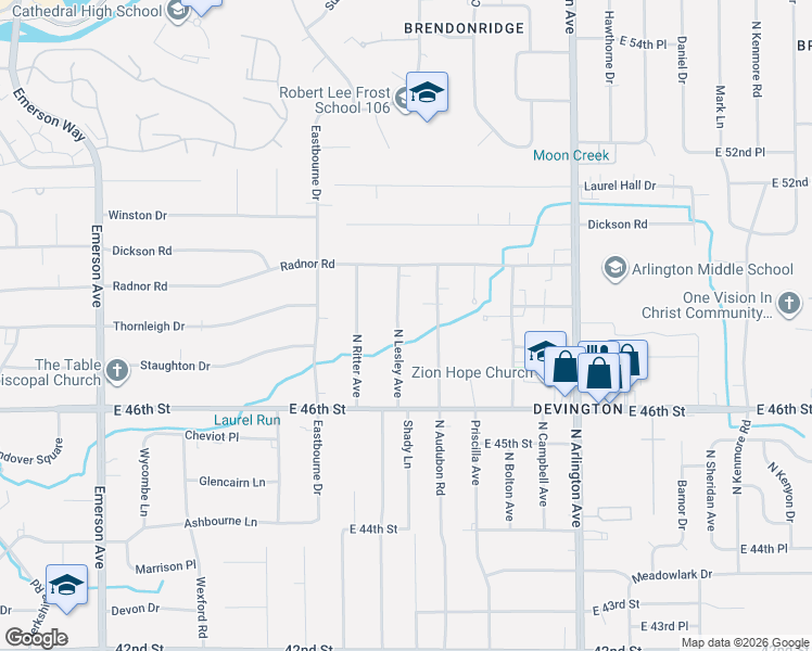 map of restaurants, bars, coffee shops, grocery stores, and more near 4727 North Lesley Avenue in Indianapolis