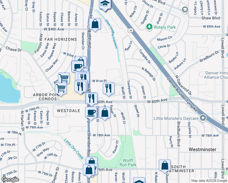 map of restaurants, bars, coffee shops, grocery stores, and more near 8075 Wolff Street in Westminster