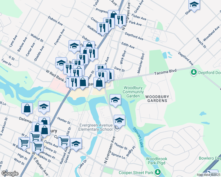 map of restaurants, bars, coffee shops, grocery stores, and more near 568 North Evergreen Avenue in Woodbury