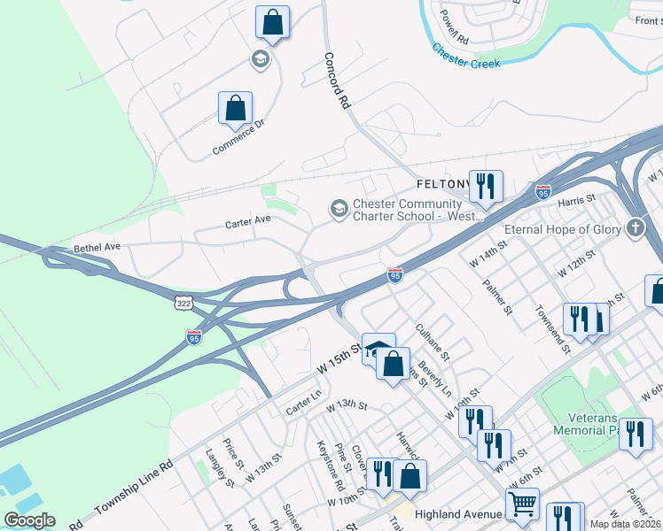 map of restaurants, bars, coffee shops, grocery stores, and more near in Chester