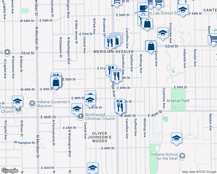 map of restaurants, bars, coffee shops, grocery stores, and more near 648 East 49th Street in Indianapolis