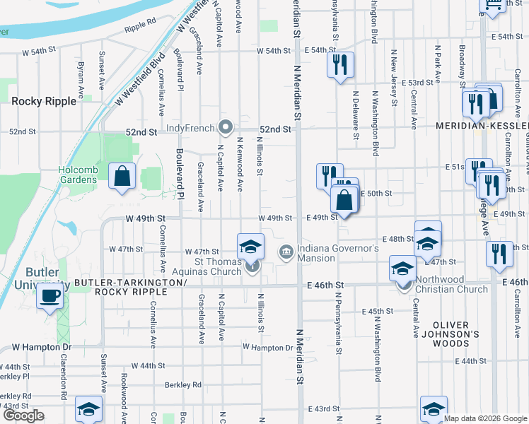 map of restaurants, bars, coffee shops, grocery stores, and more near 36 West 49th Street in Indianapolis