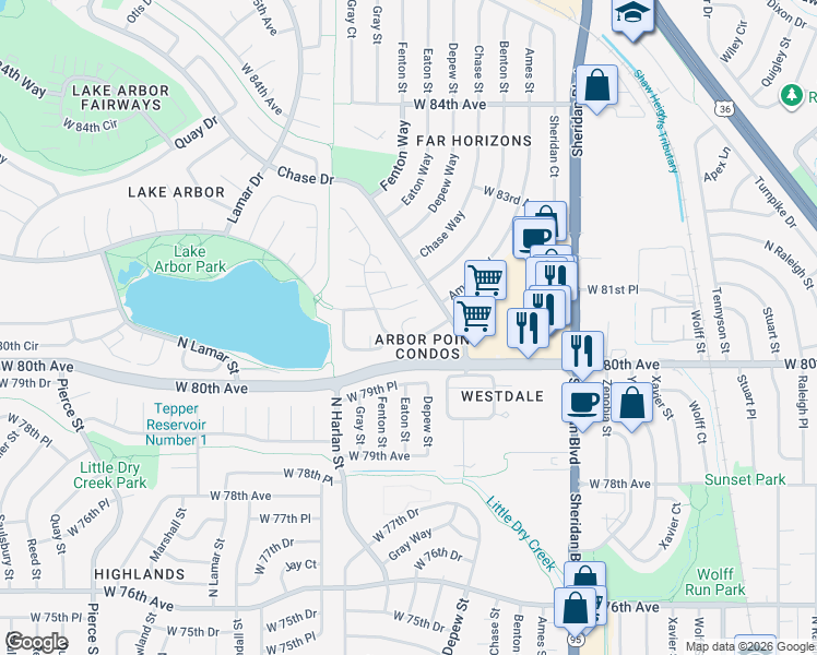 map of restaurants, bars, coffee shops, grocery stores, and more near 8052 Fenton Court in Arvada