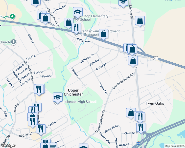 map of restaurants, bars, coffee shops, grocery stores, and more near 3526 Rogers Avenue in Upper Chichester