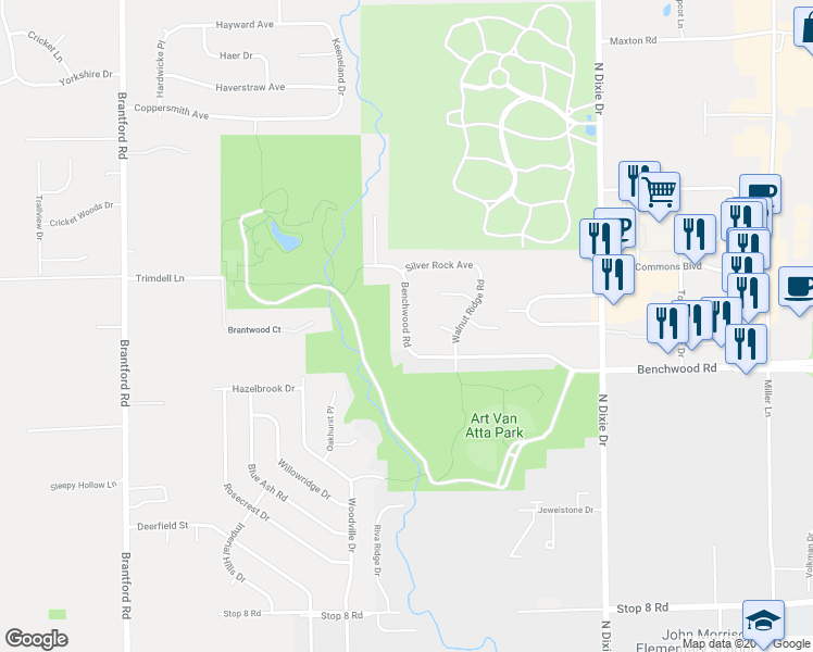 map of restaurants, bars, coffee shops, grocery stores, and more near 3029 Benchwood Road in Dayton